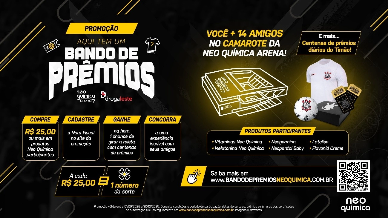 Imagem da notícia Neo Química e Drogaleste lançam promoção “Bando de Prêmios” para torcedores da fiel