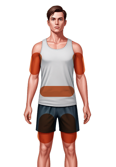 Ilustração de corpo humano com as regiões de aplicação destacadas: braços, abdômen e coxas